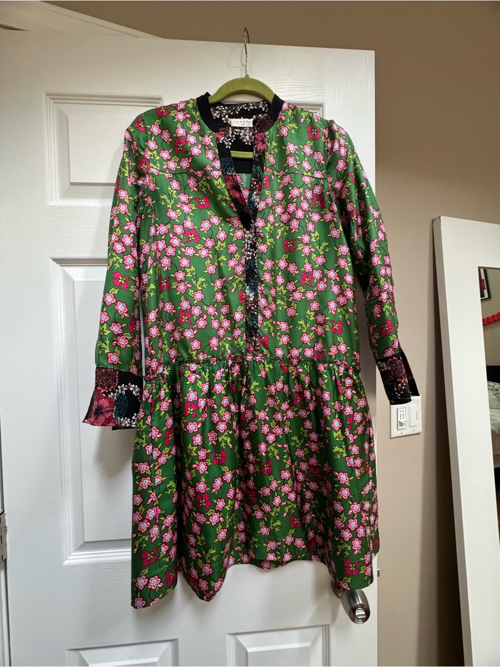 Sandro Green Dress with Pink Floral Print and Black Trim